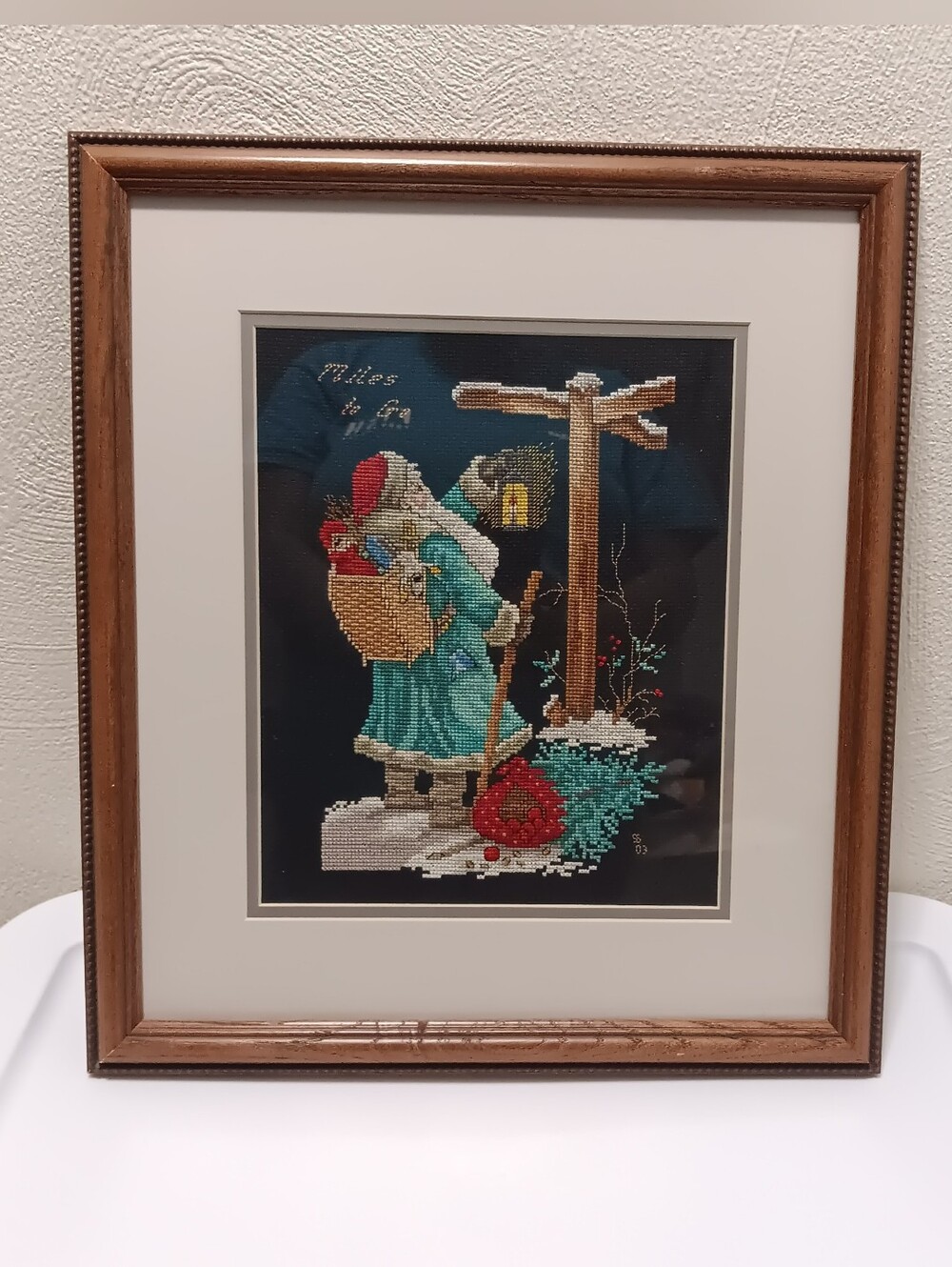 Vintage Christmas Cross Stitch Traditional Holiday Santa Claus Framed